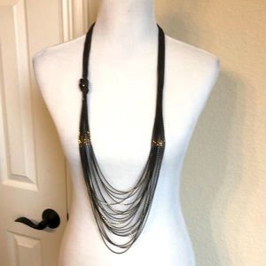 Gold and brown multi strand knotted long necklace
